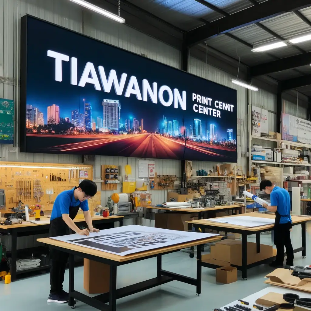ร้านทำป้ายในนนทบุรี ช่างกำลังทำงานบนป้าย LED และป้ายไวนิล ภายในร้าน Tiwanon Print Center ที่มีอุปกรณ์และวัสดุจัดเรียงอย่างเป็นระเบียบ